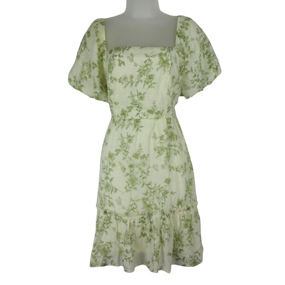 Blu Pepper Dresses & Skirts - Blu Pepper Dress Square Neckline Ivory Green Floral Puff Sleeve Size L Cottage
